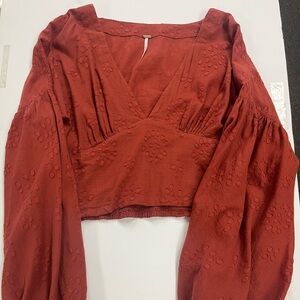 Rust Red Embroidered cropped Blouse ballon sleeves Free People size M